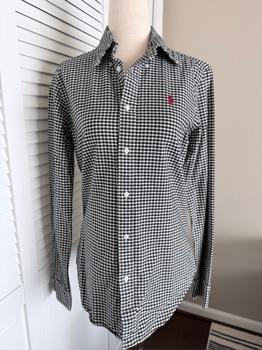 Ralph Lauren Black & White Gingham Button-Down Shirt with Red Polo Logo
